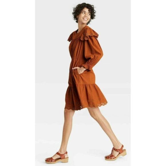 Universal Thread Long Sleeve Dress XS Brown Women's Eyelet-Detail Ruffled NEW - Picture 13 of 13
